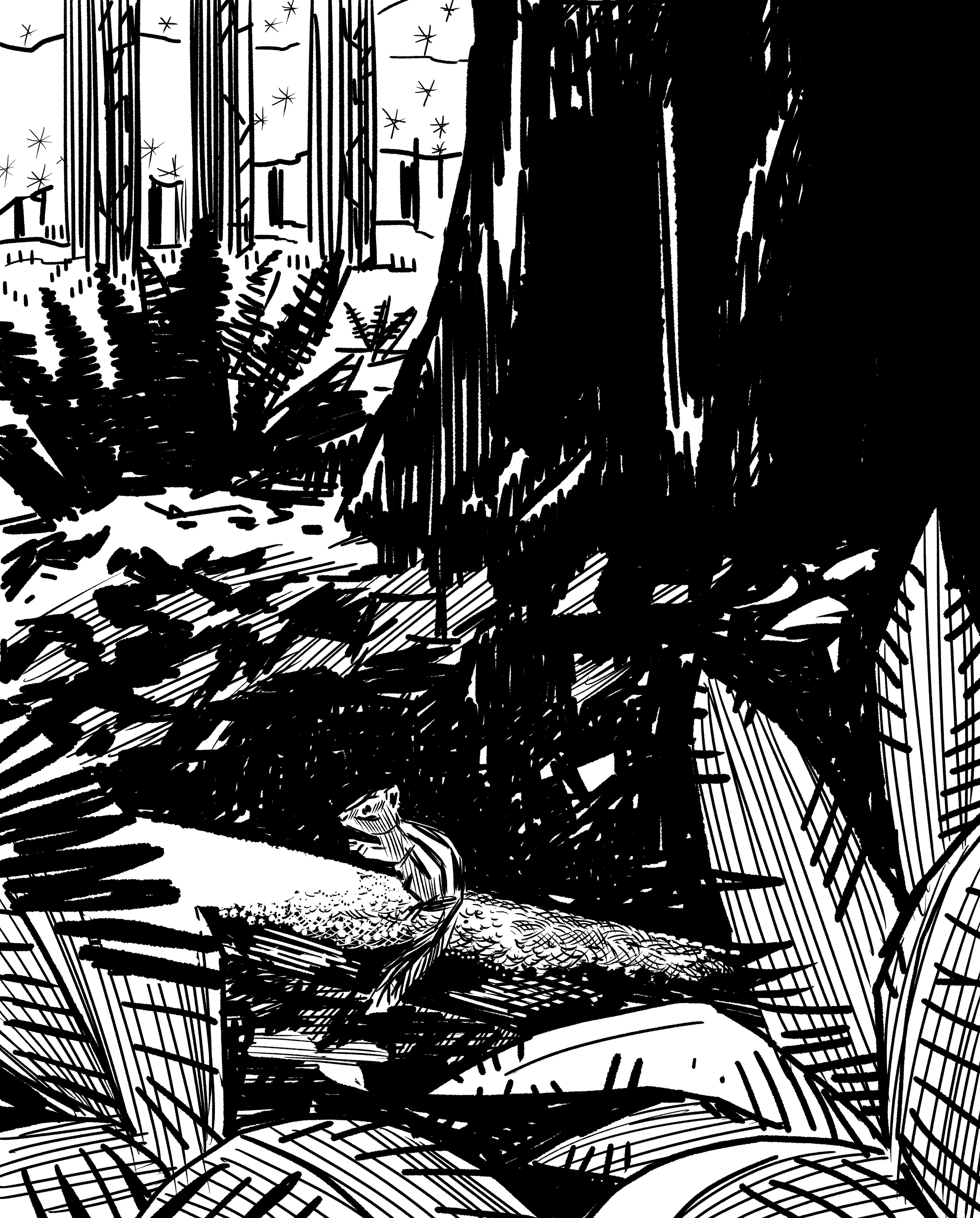 Black and white illustration of a Townsend's chipmunk at the base of a tree in the forested hillside of Powell Butte Nature Park in East Portland.