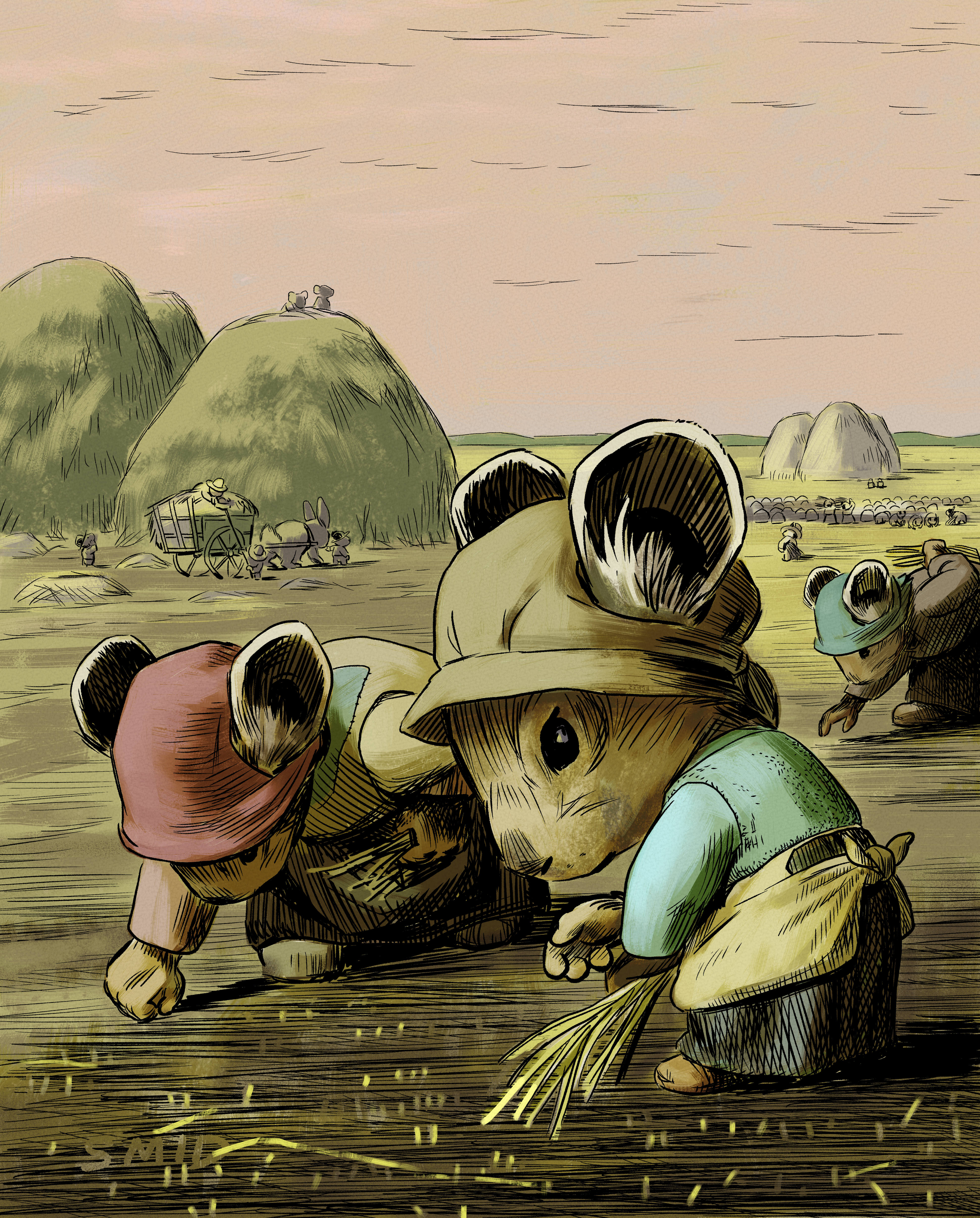 While learning about American pika I thought to draw them as The Gleaners, a painting by Jean-François Millet.