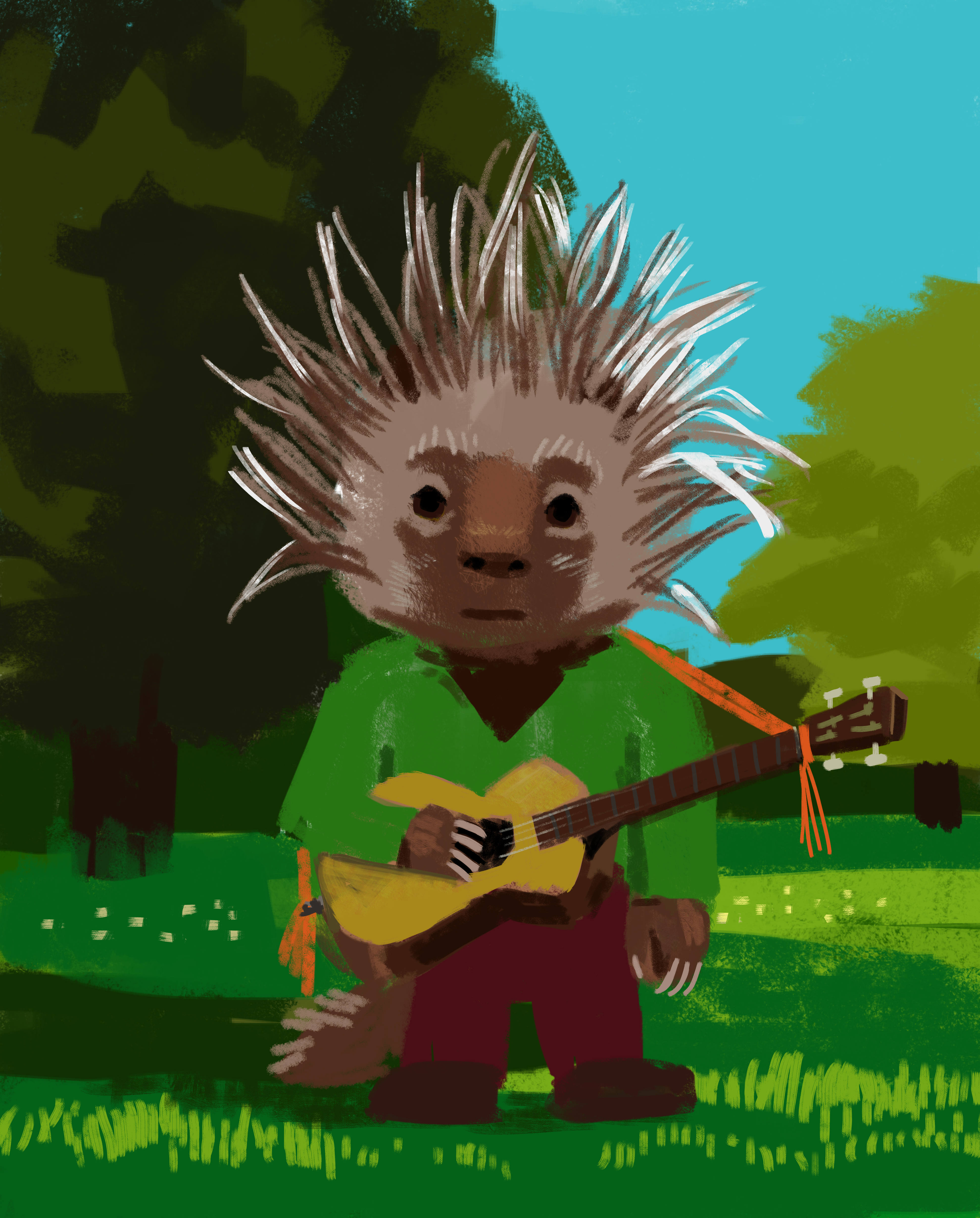 Anthropomorphic porcupine with a guitar
